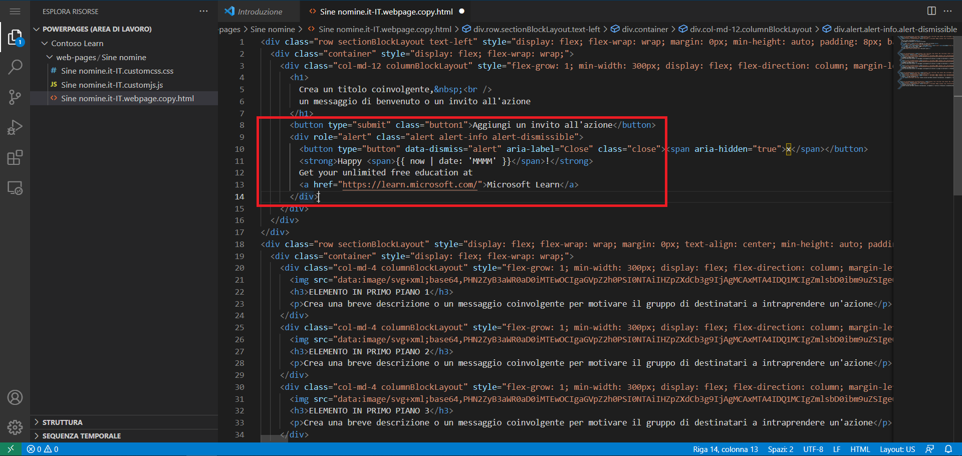 Screenshot del contenuto della pagina aperto nell'editor di Visual Studio Code per il Web con il nuovo contenuto evidenziato.