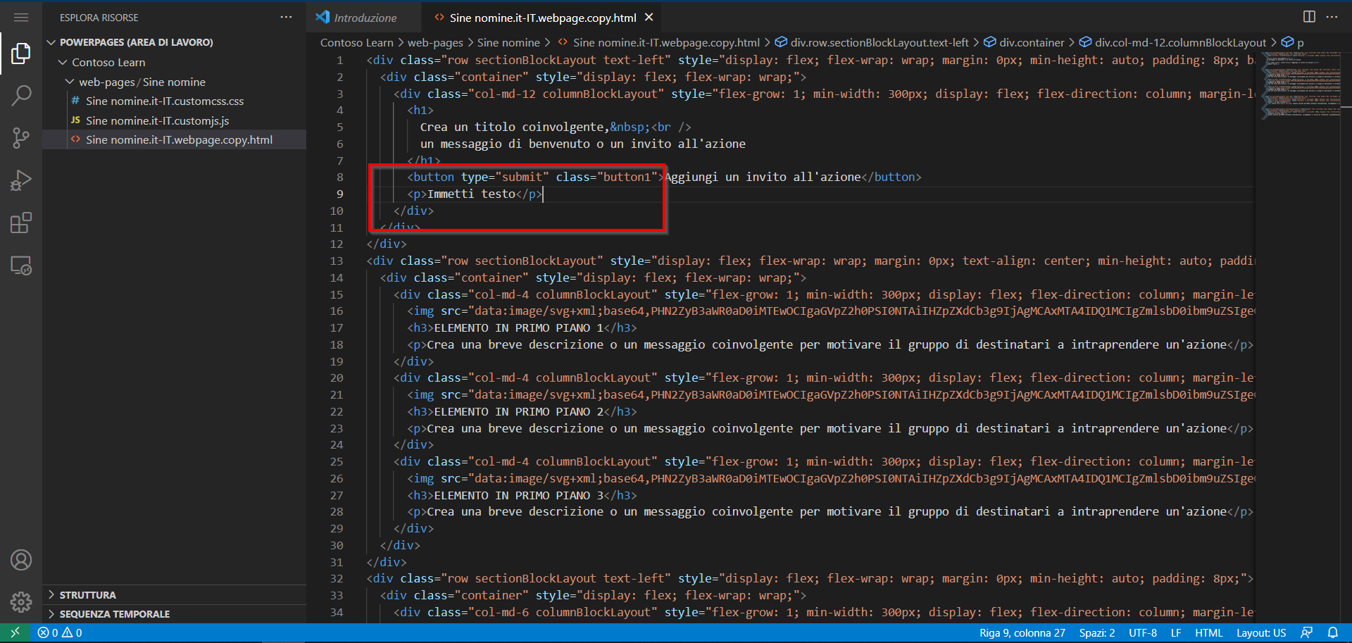 Screenshot del contenuto della pagina aperto nell'editor di Visual Studio Code per il Web con il paragrafo di testo evidenziato.
