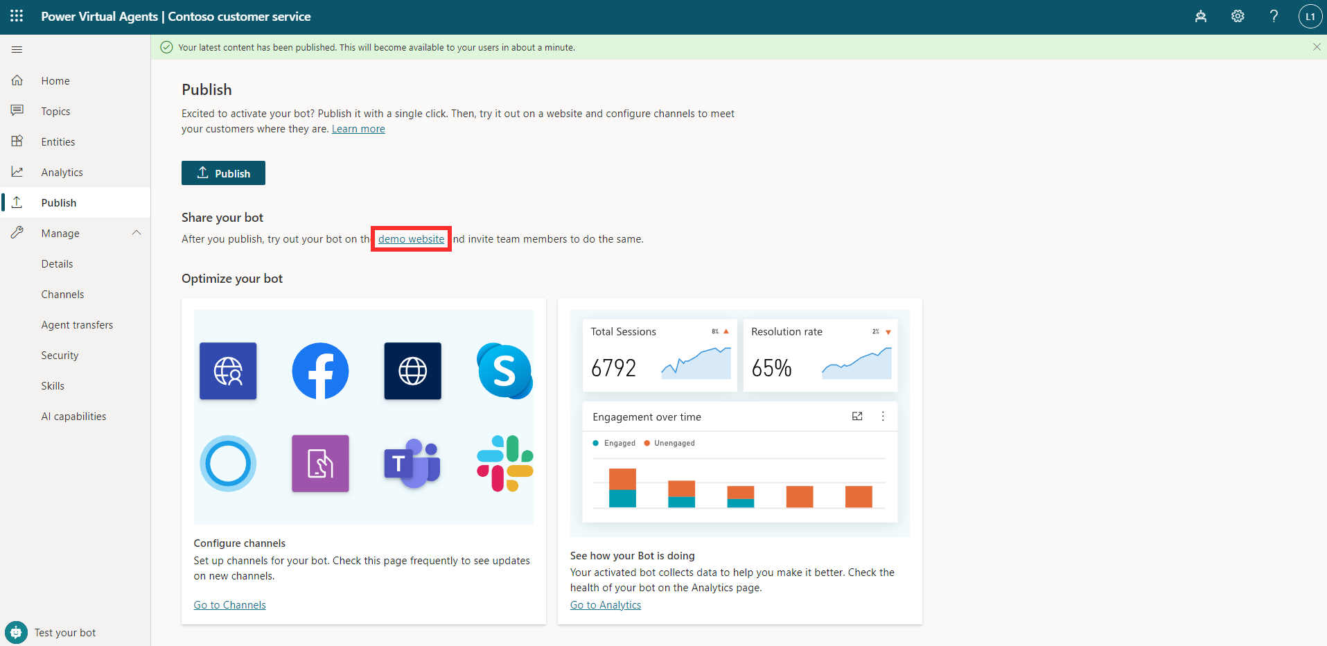 Screenshot del collegamento al sito Web demo in Condividi il tuo bot.