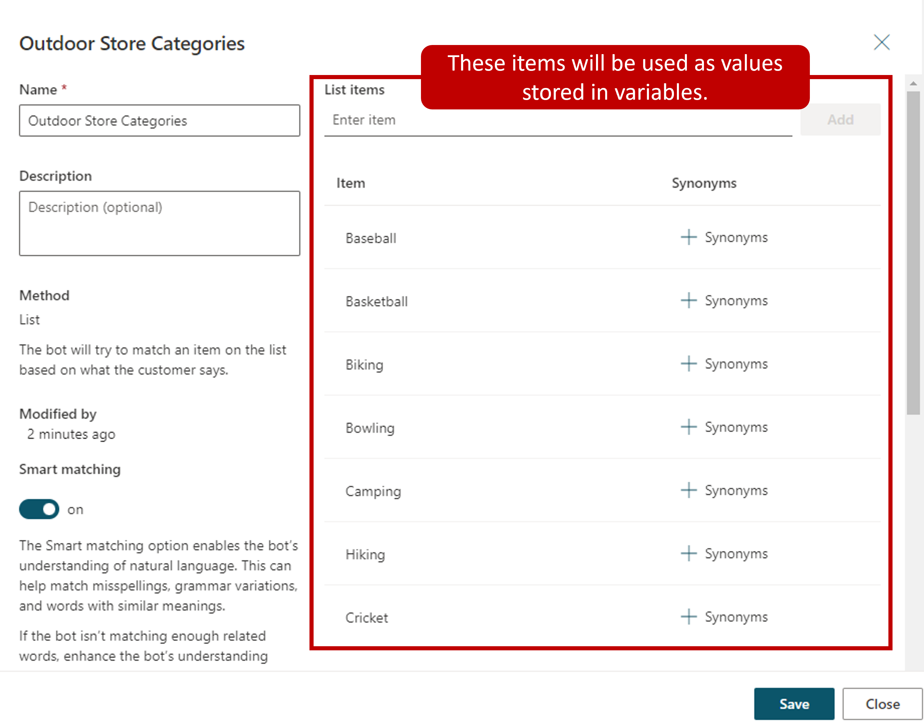 Screenshot dell'entità elenco chiuso.