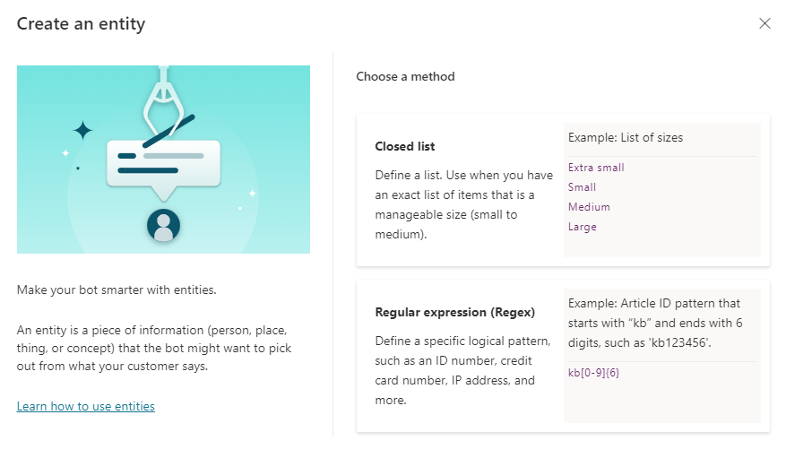 Screenshot di Creare un'entità con i metodi elencati.