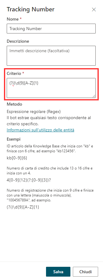 Screenshot del modello di entità regex.