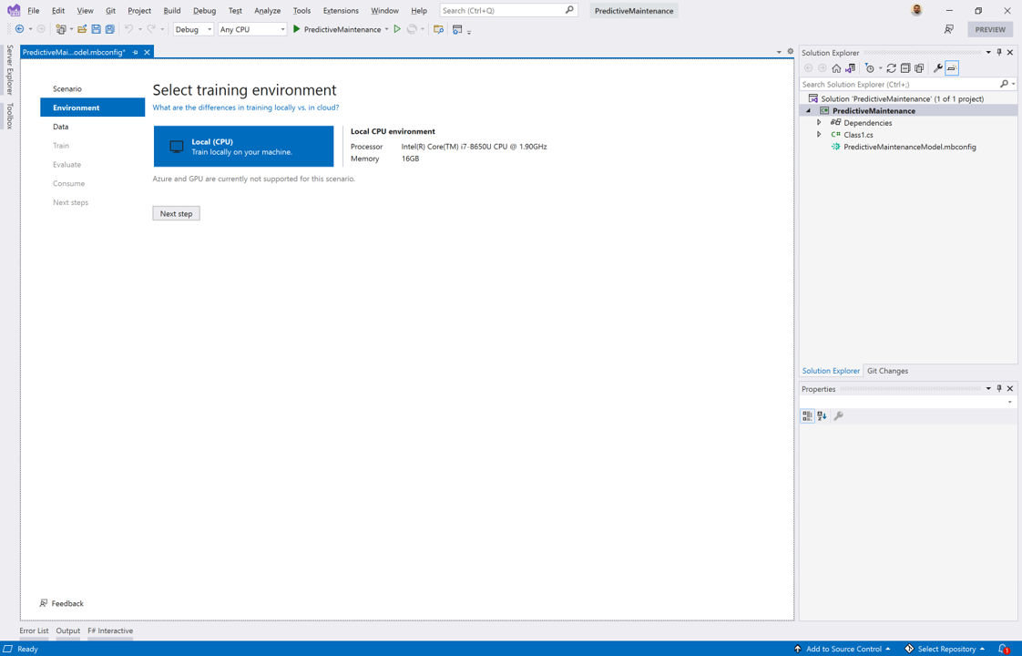 Screenshot che mostra le opzioni per la scelta di un ambiente di training di calcolo locale.