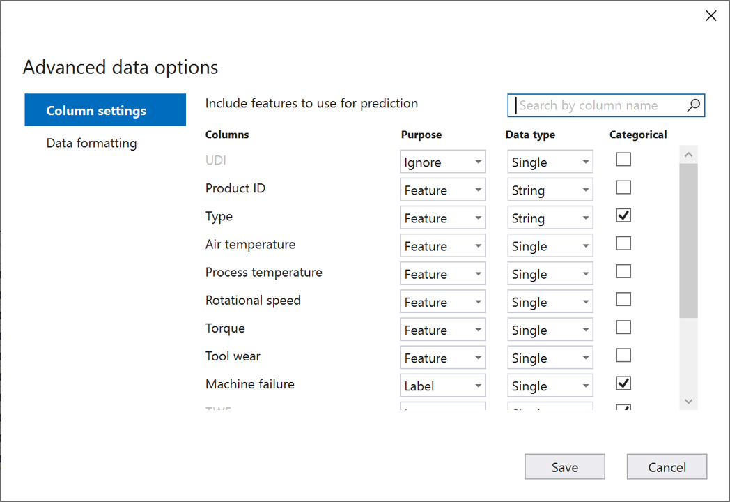 Screenshot che mostra la configurazione di opzioni avanzate per i dati per il set di dati di manutenzione predittiva.