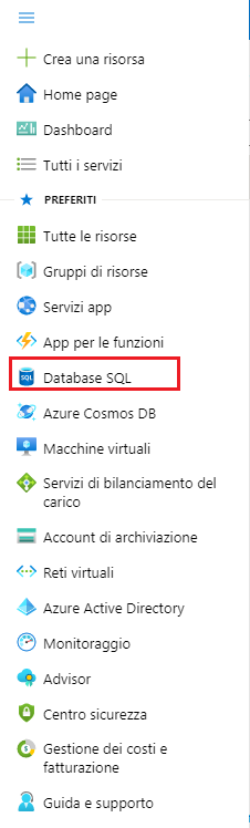 Screenshot della voce di menu Database SQL del portale di Azure.