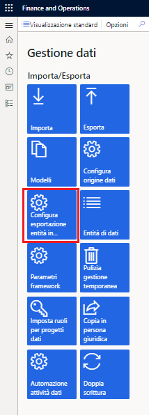 Screenshot del riquadro Configura esportazione entità in database.