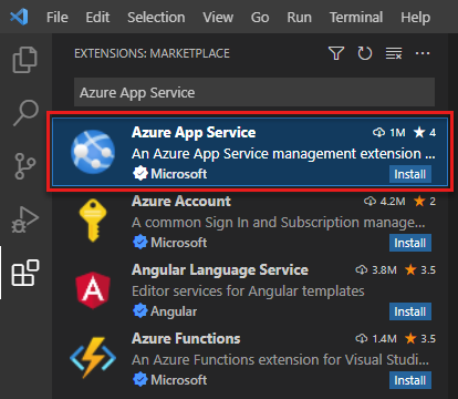 Screenshot di Visual Studio Code che mostra la scheda Estensioni con l'estensione di Servizio app di Azure evidenziata nei risultati della ricerca.