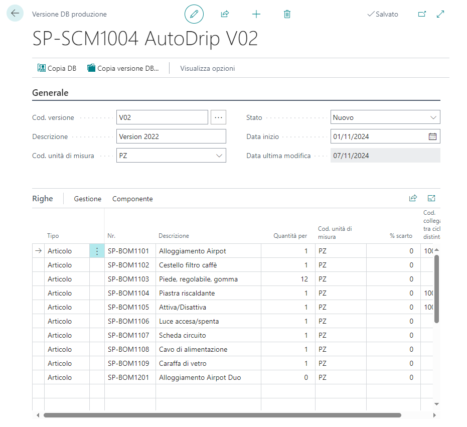 Screenshot della distinta base di produzione V 02 per AutoDrip.