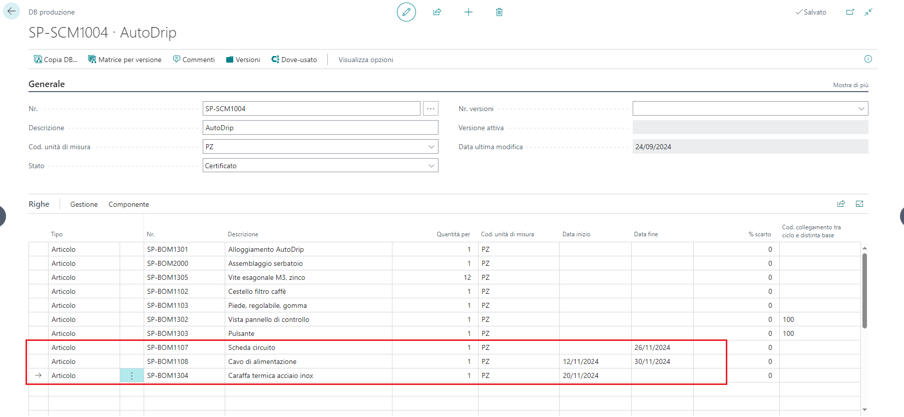 Screenshot della matrice di righe che mostra due versioni della stessa distinta base di produzione con intervalli di date diversi.
