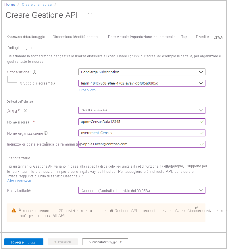 Screenshot of the completed settings on the Basics tab of the Create API Management service screen.