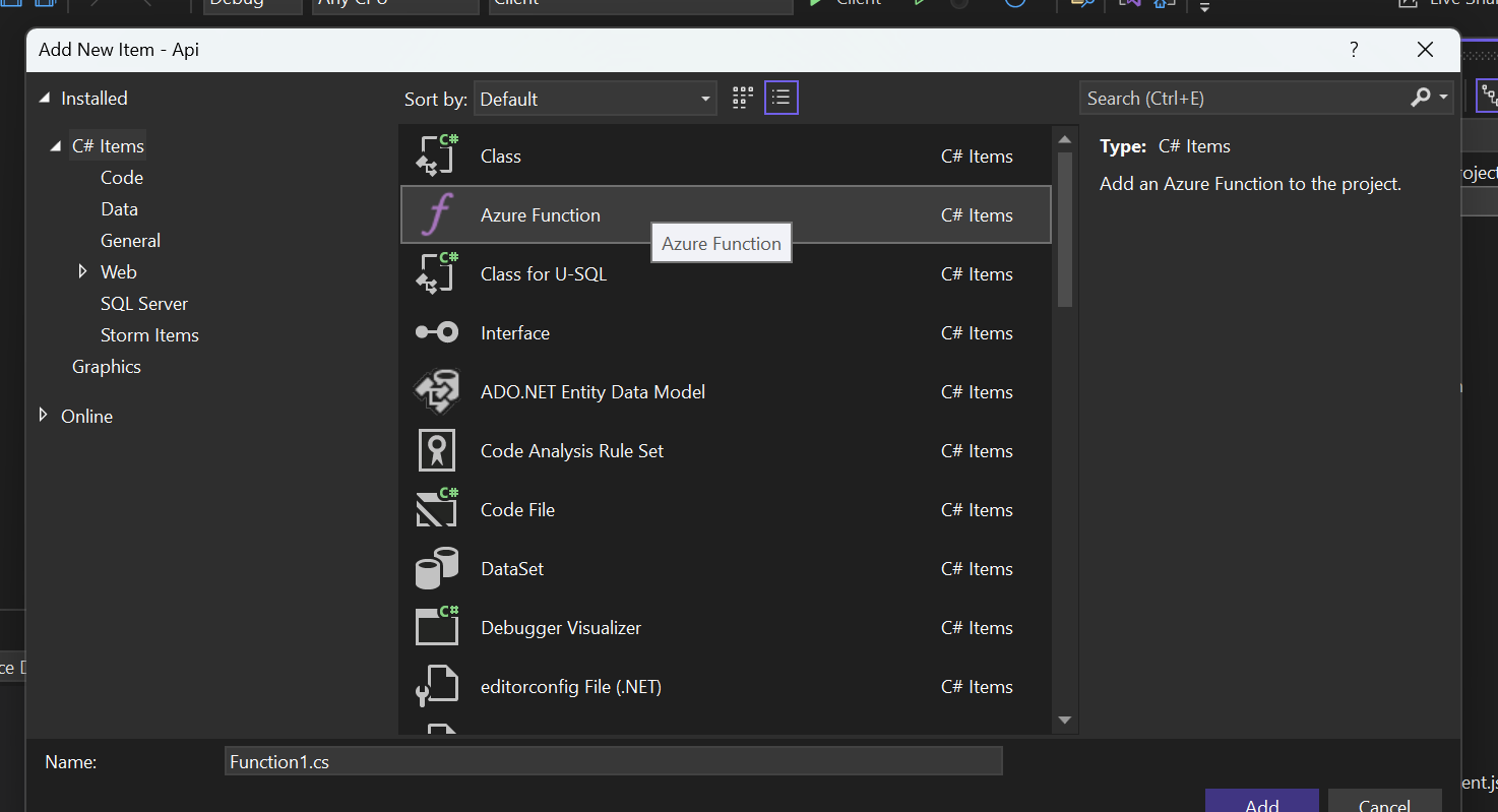 A screenshot showing the Azure function item selected.