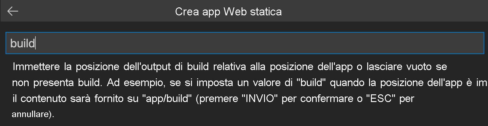 Screenshot showing how to enter the build output location for React.