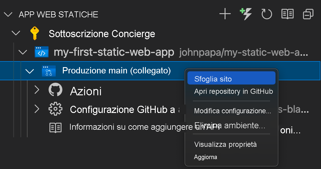 Screenshot showing how to browse to your static web app site.