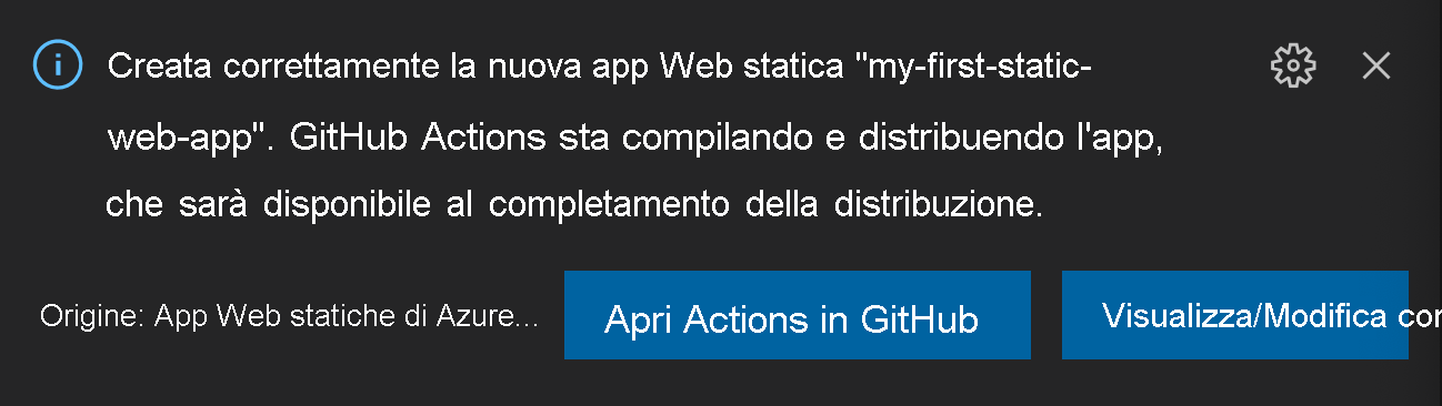 Screenshot of the confirmation code asking the user to open actions in GitHub or View/Edit Configure.