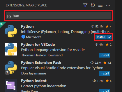 Screenshot of the search results in the Extensions panel for Windows with Python Install highlighted.