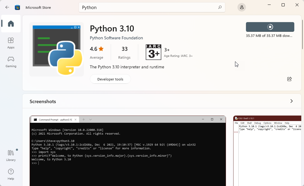 Screenshot of installation progress for Python from the Microsoft Store.