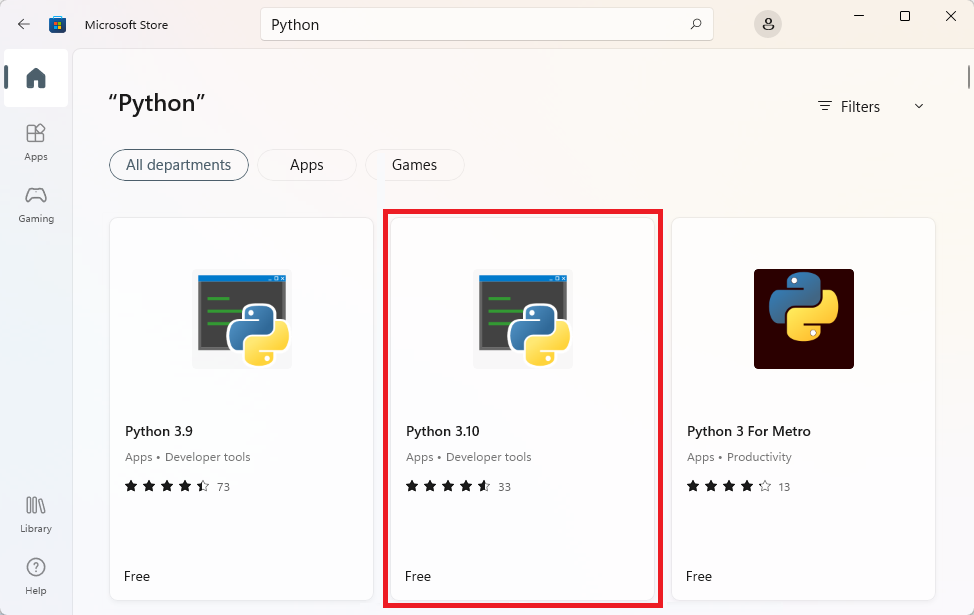 Screenshot of search results screen from Microsoft Store for Python, highlighting Python 3.11.