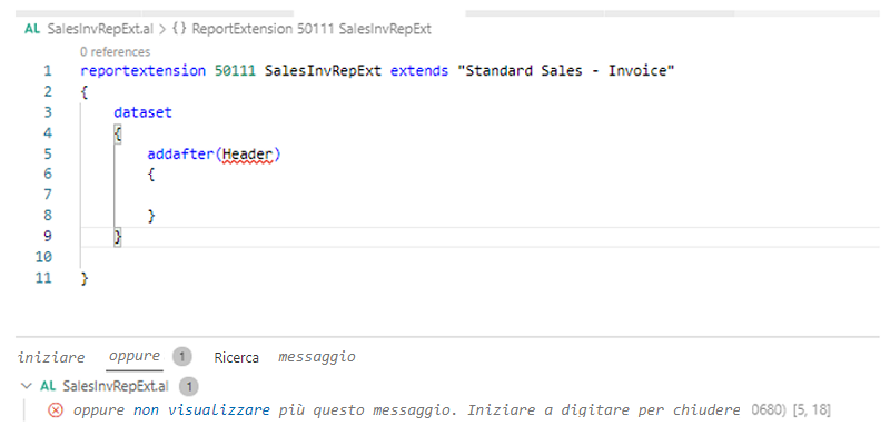 Screenshot di un errore del compilatore causato dall'aggiunta di nuovi elementi di dati radice.