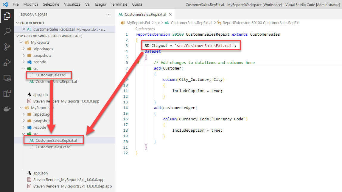 Screenshot del riferimento rinominato nel layout del report.