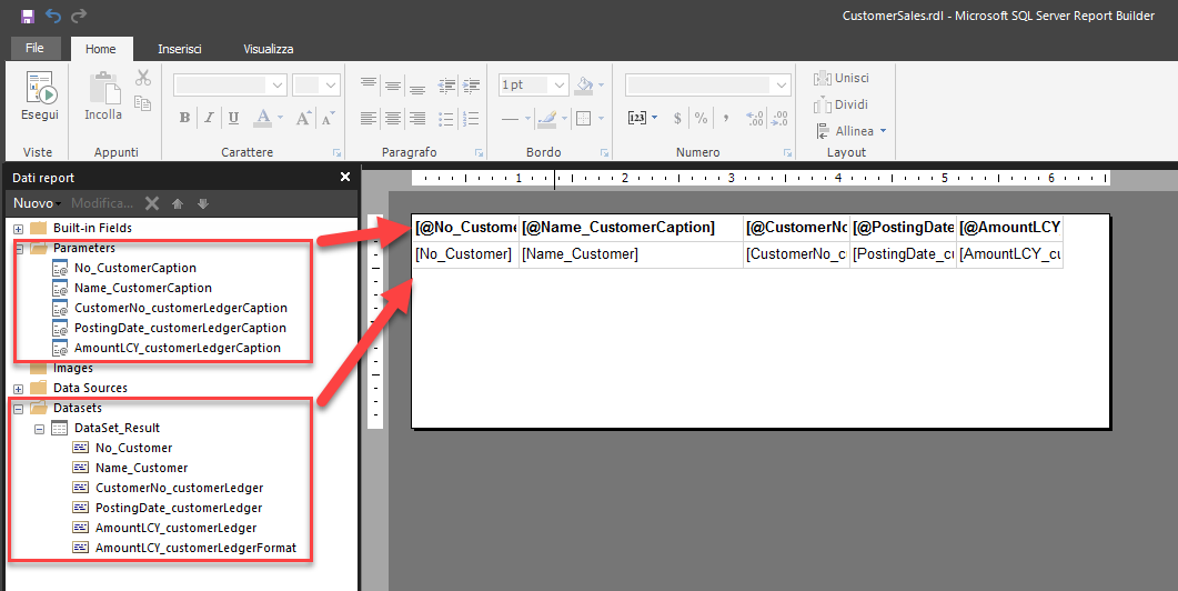 Screenshot del layout del report vendite cliente.