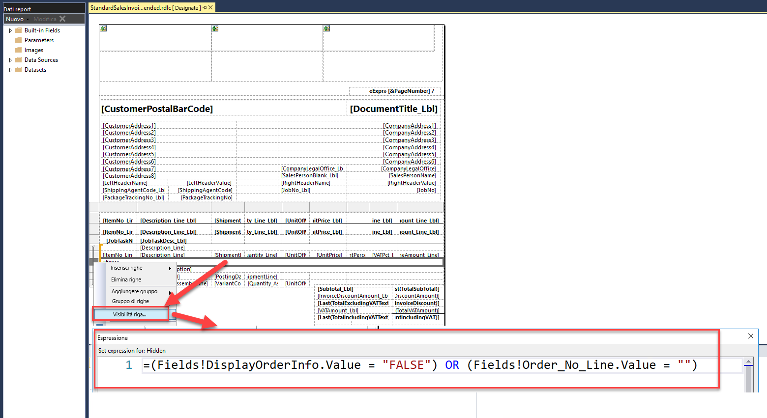 Screenshot della riga nuovi dettagli e delle espressioni di visibilità righe nella tabella.