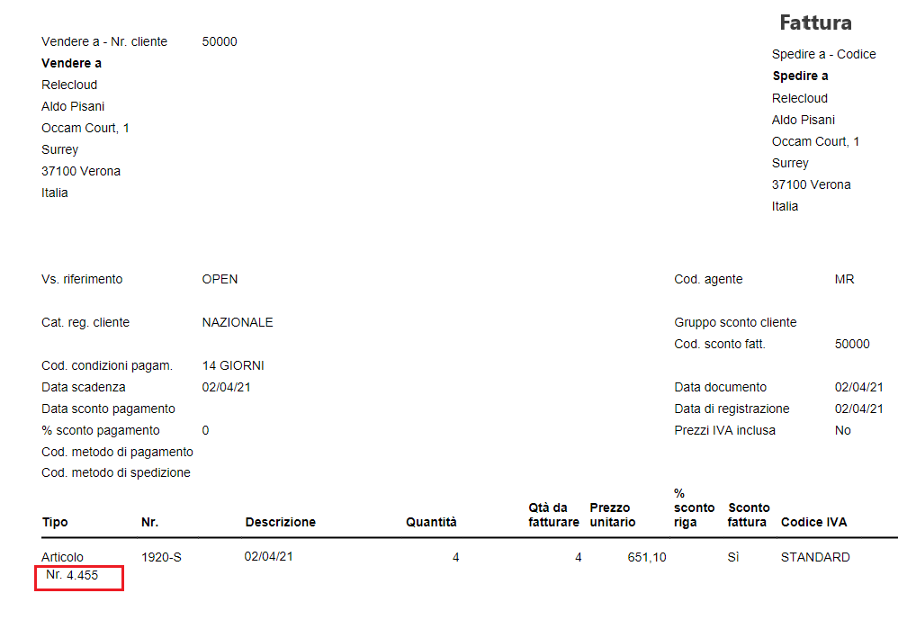 Screenshot dei dati contenuti nel campo Numero ordine nel report Vendite standard - Fattura.