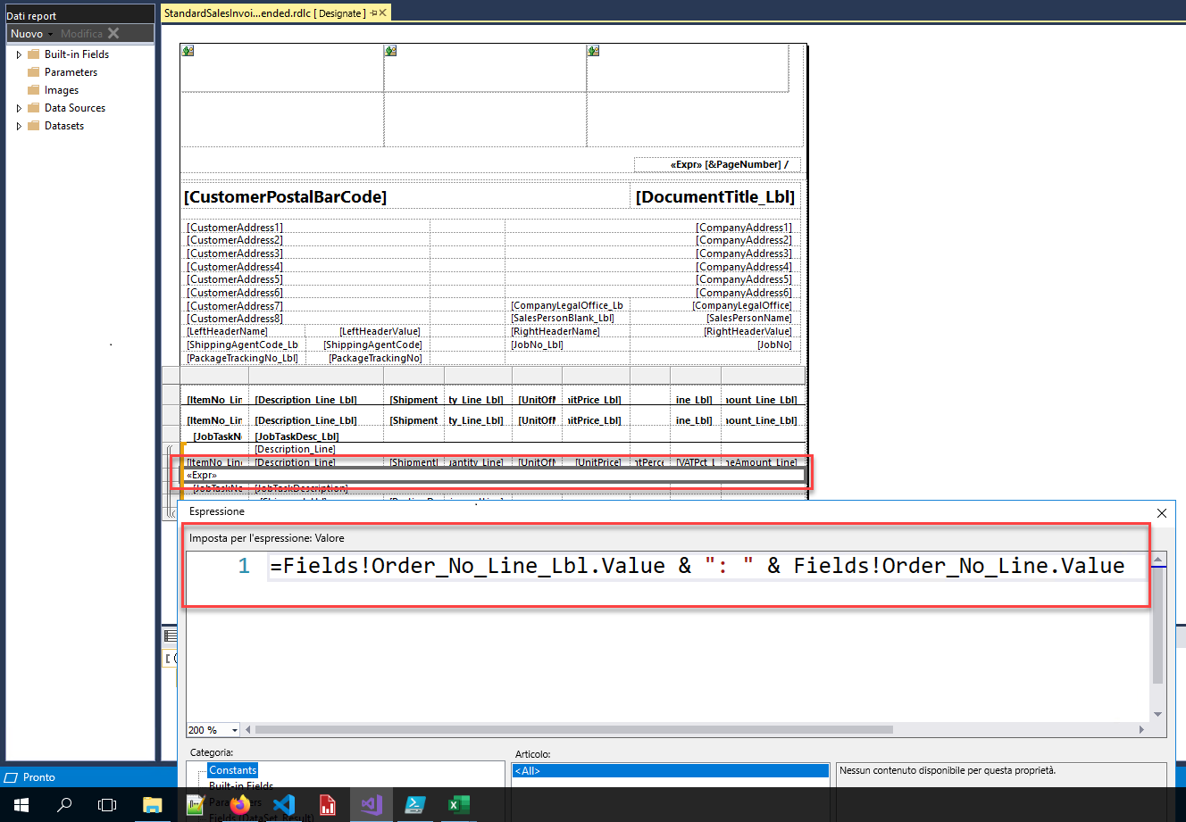 Screenshot del campo Numero ordine aggiunto al layout del report.