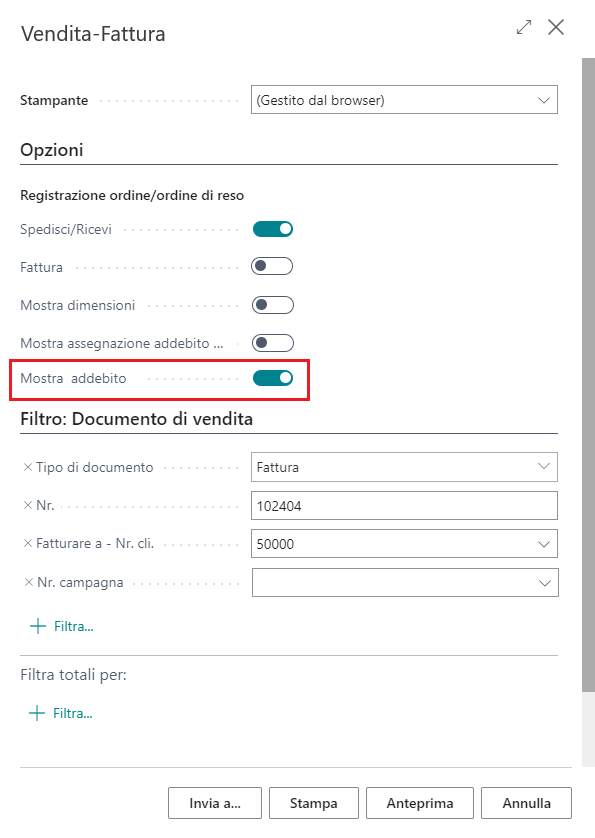 Screenshot del layout del report Vendite standard - Fattura.