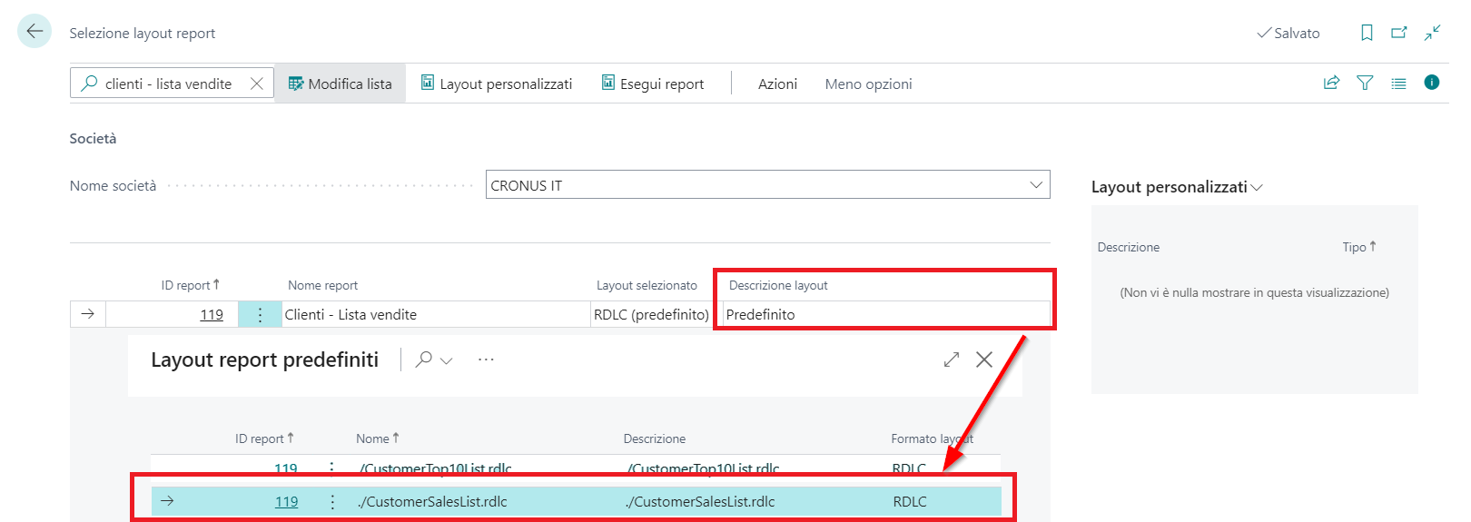 Screenshot della pagina Selezione layout report.