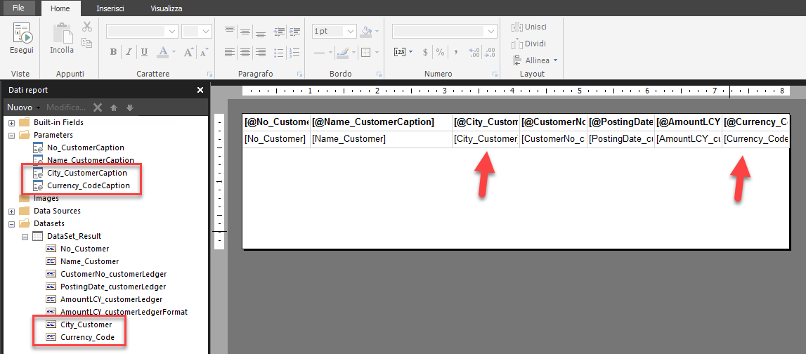 Screenshot del layout dei nuovi campi nel set di dati così come sono visibili nella tabella.