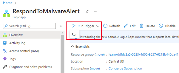 Screenshot that shows the Run option in Azure Logic Apps.