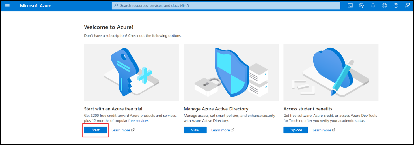 Screenshot of the Microsoft Azure welcome screen, showing the Start with an Azure free trial option.