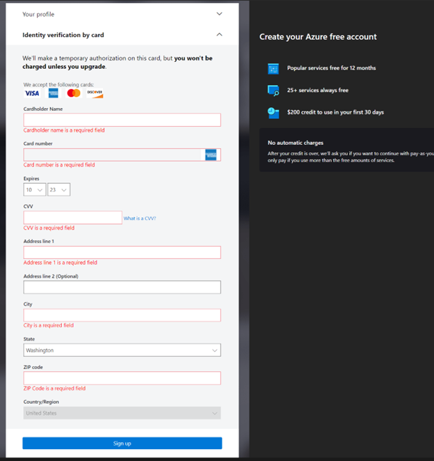 Screenshot of the Create your Azure free account screen, showing Identity verification by card.