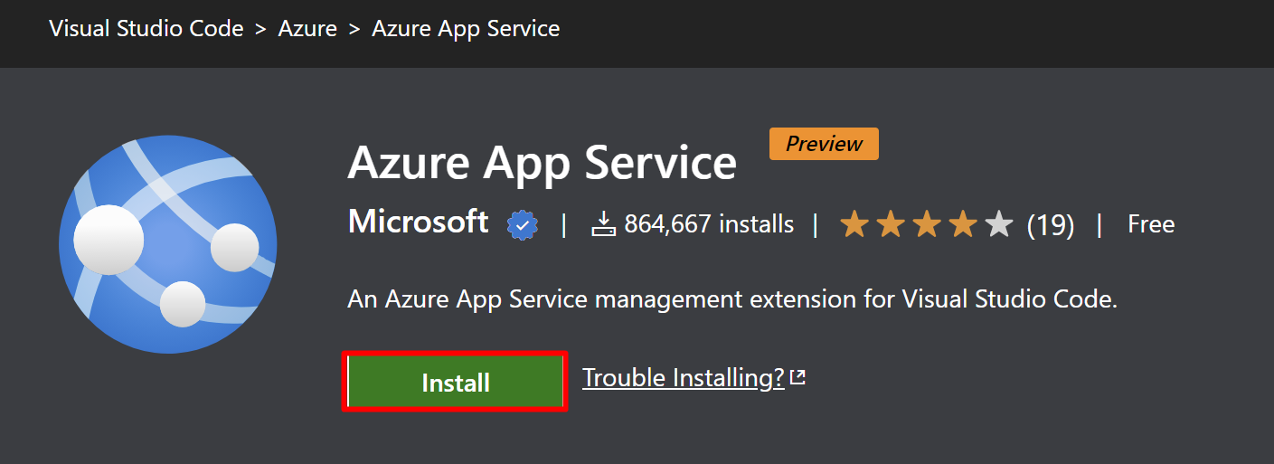 Screenshot of the Install button for Azure App Service.