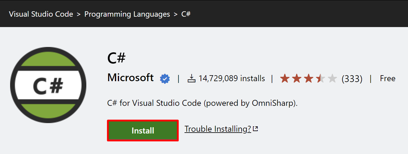Screenshot of the Install button for C# for Visual Studio Code.