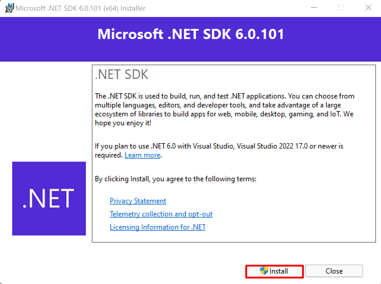 Screenshot of the Install button for .NET S D K .