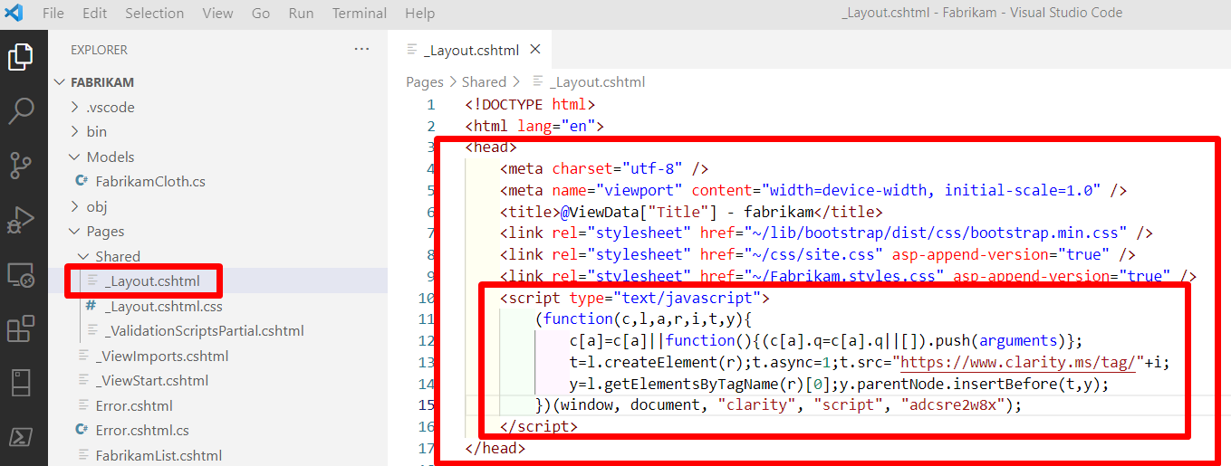 Screenshot of the layout C S H T M L file in Visual Studio Code.