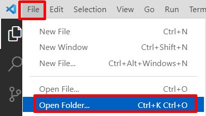 Screenshot of the Visual Studio Code file menu with Open Folder selected.