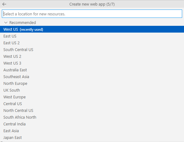 Screenshot of the Azure region menu.