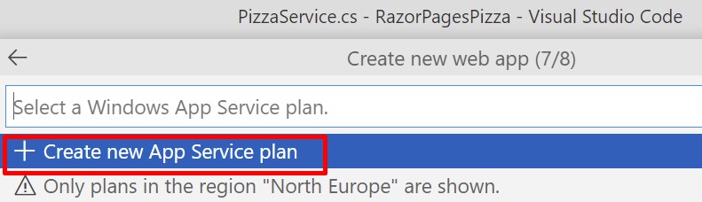Screenshot of the Create new App Service plan option in the menu.
