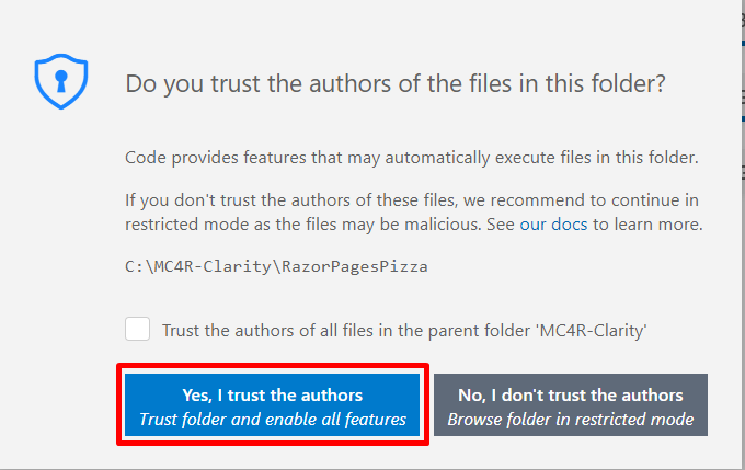 Screenshot of the Yes, I trust the authors button.