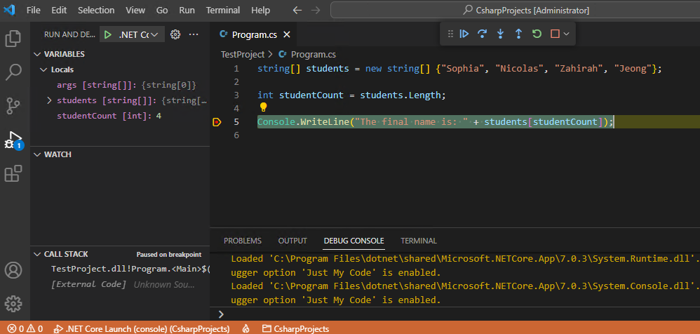 Screenshot che mostra gli strumenti del debugger di Visual Studio Code.