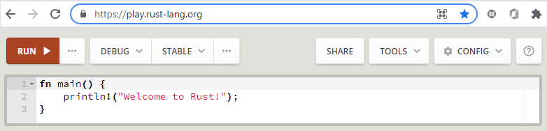 Screenshot of the Rust playground that shows a basic program.