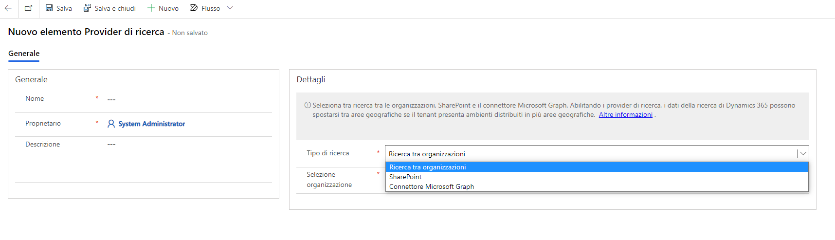 Screenshot del menu Tipo di ricerca con Ricerca tra organizzazioni selezionato.