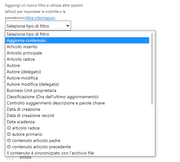 Screenshot dell'elenco dei tipi di filtro disponibili.