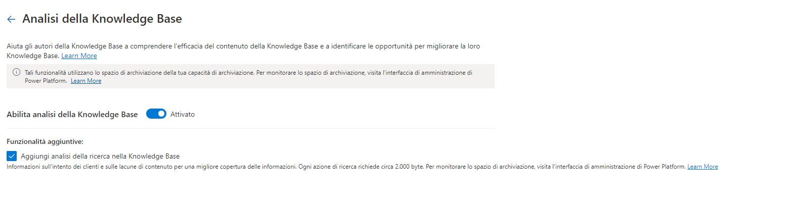 Schermata dell'interruttore Abilita Analisi della knowledge base impostato su Abilitata.