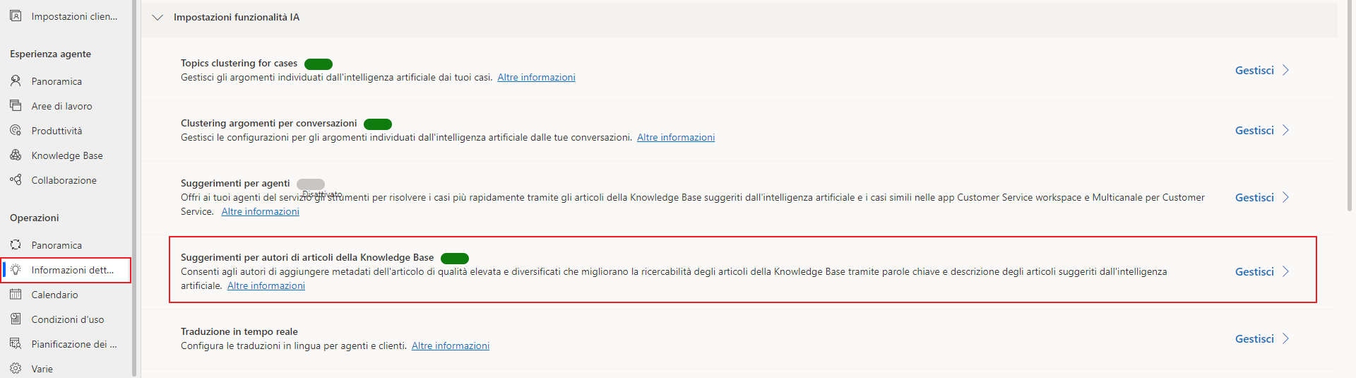 Screenshot dell'opzione Suggerimenti per autori di articoli della Knowledge Base abilitata.
