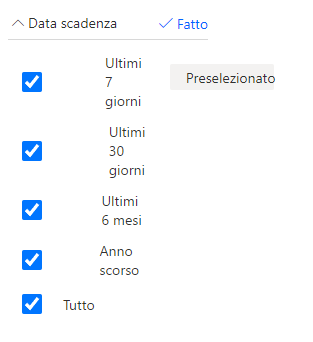 Schermata dei campi Data di scadenza che vengono preselezionati.