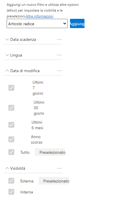Screenshot dei campi dei filtri disponibili.