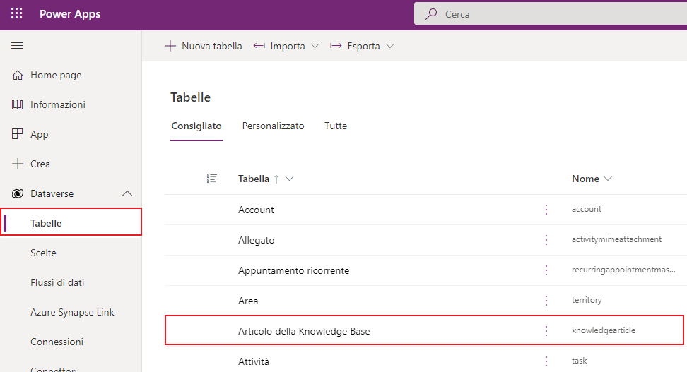 Schermata con articolo della Knowledge Base elencato nella vista Tabelle di Power Apps Maker Portal.